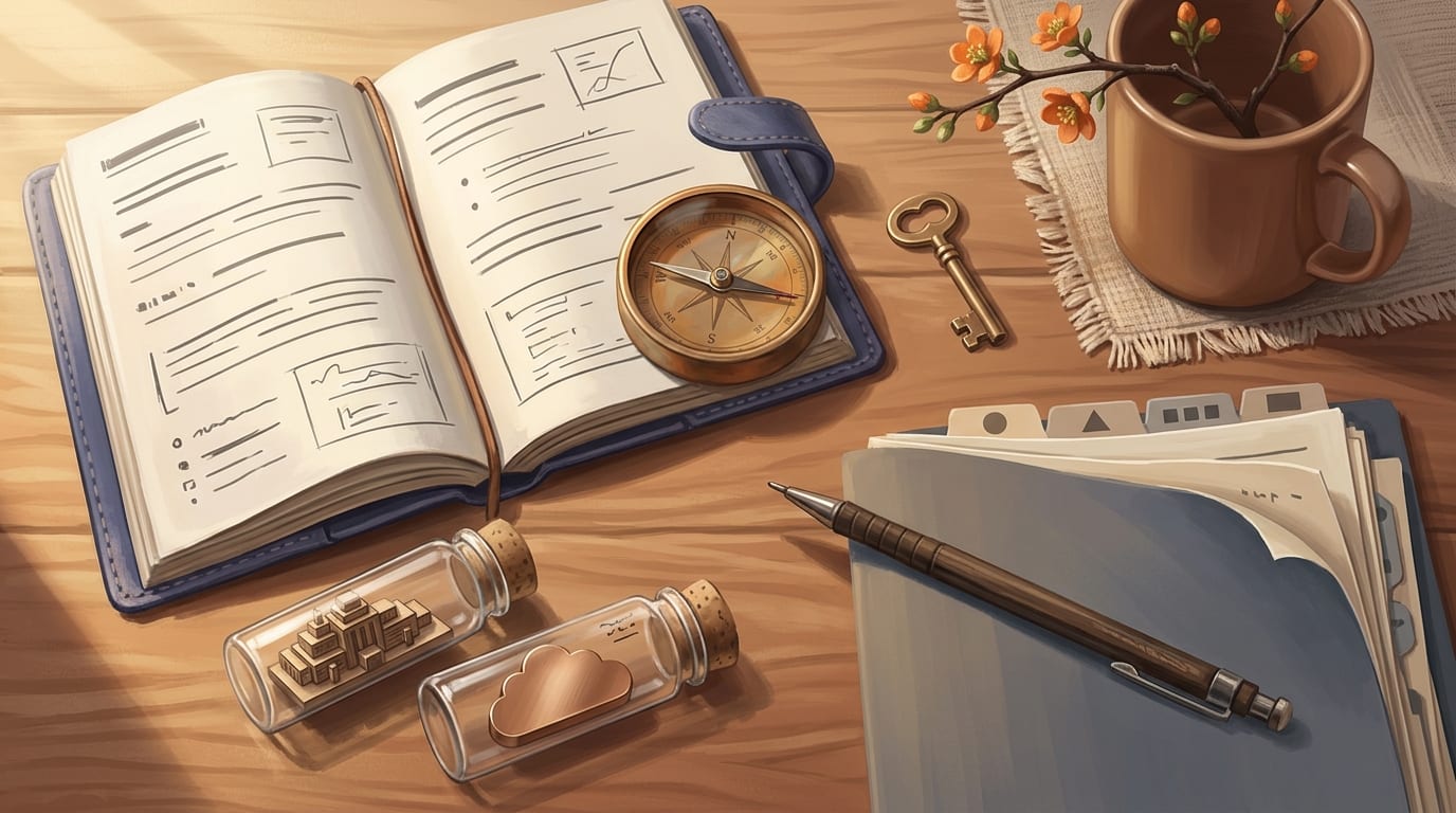 Two study notebooks and a laptop showing a cloud architecture diagram on a desk beside a coffee mug